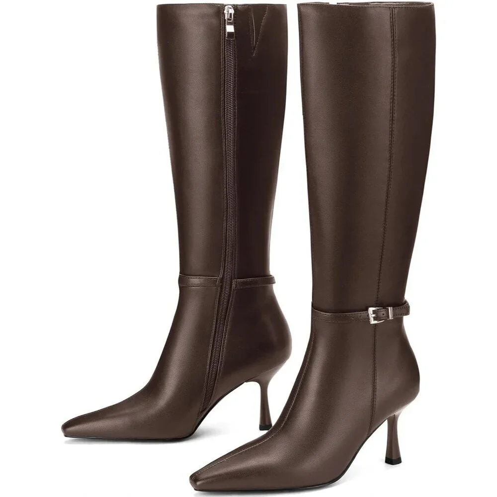 Women's Brown Low Heel with Side Zipper Tall Boots Fall Winter Knee High Boots